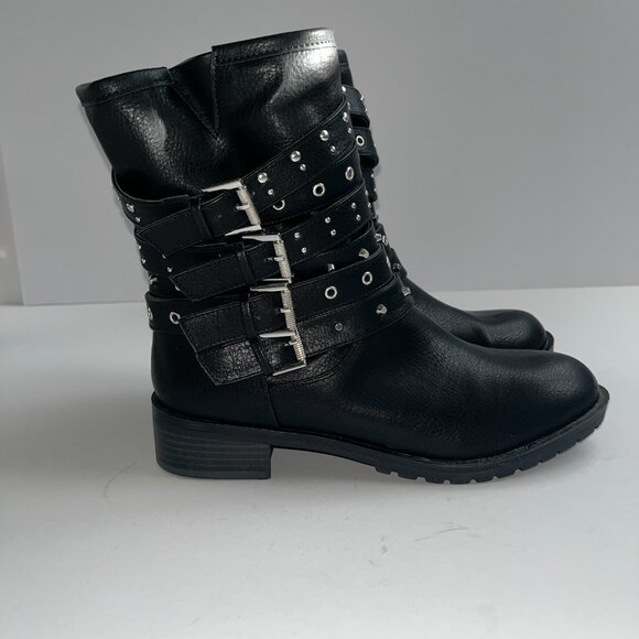 Fergie Black Studded Buckle Moto Boots | Women’s Size M - Picture 1 of 5